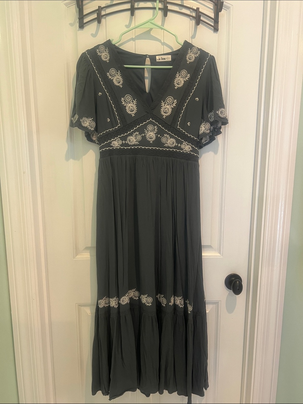 Embroidered Olive Maxi Dress with Flutter Sleeves